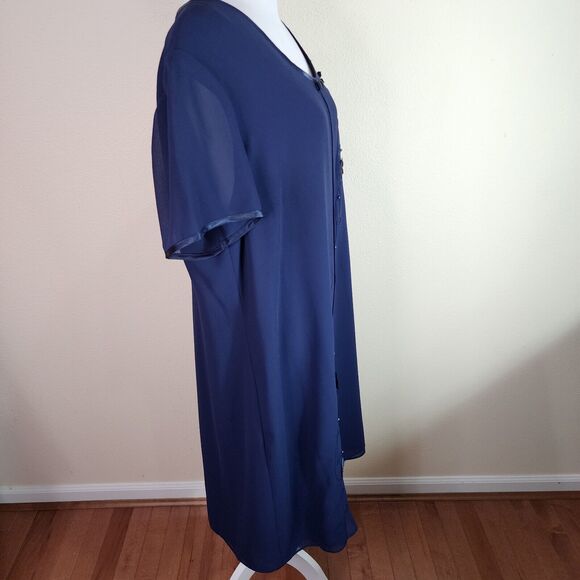 Liz Baker Women's Navy Blue Short Sleeve Shift Dress Size 18 Embroidered Layered - Picture 4 of 8